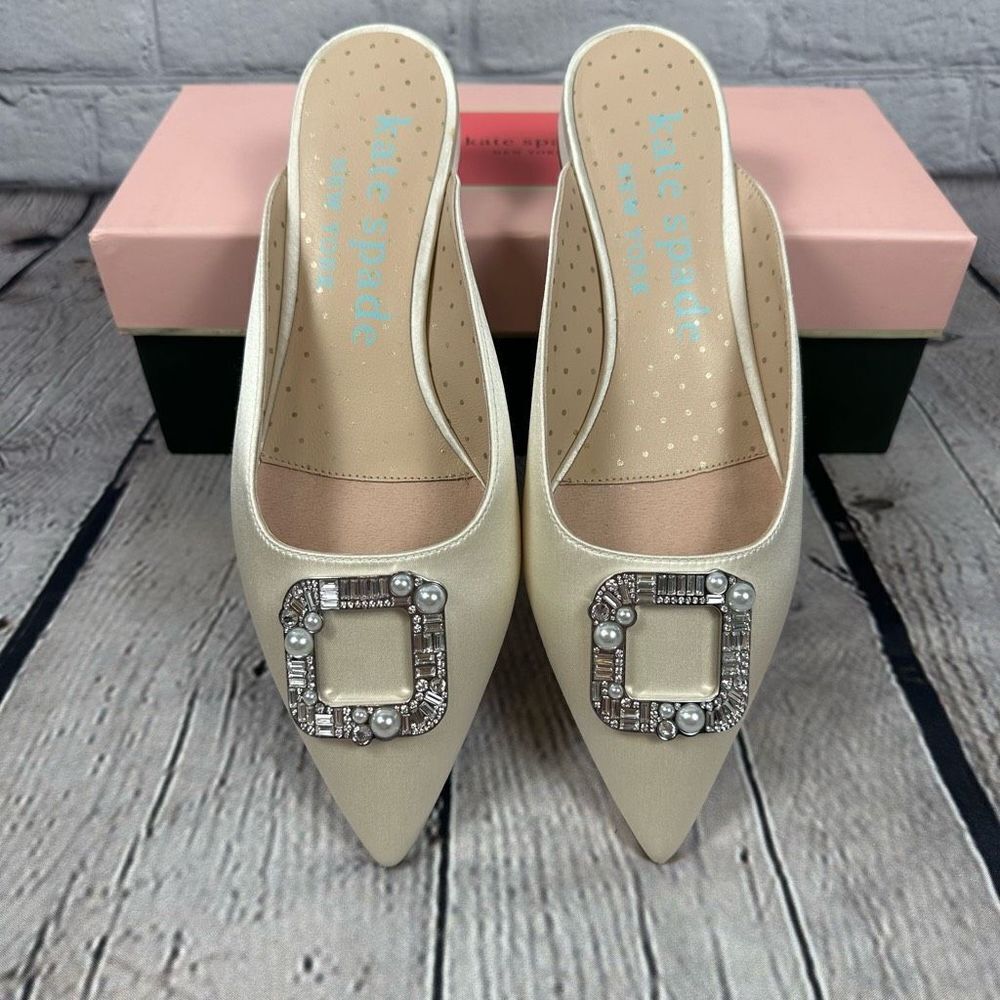 Kate Spade Women’s Buckle Up Slide Mule Shoes Ivory Bridal Pointed Toe NEW